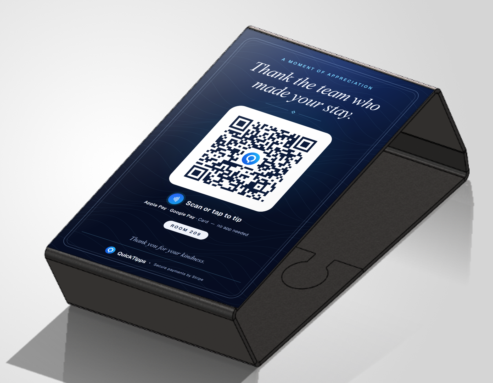 QuickTipps tip tent: a black angled stand with a midnight-blue printed card reading 'Thank the team who made your stay', a QR code, a tap-to-tip NFC symbol and the room number.